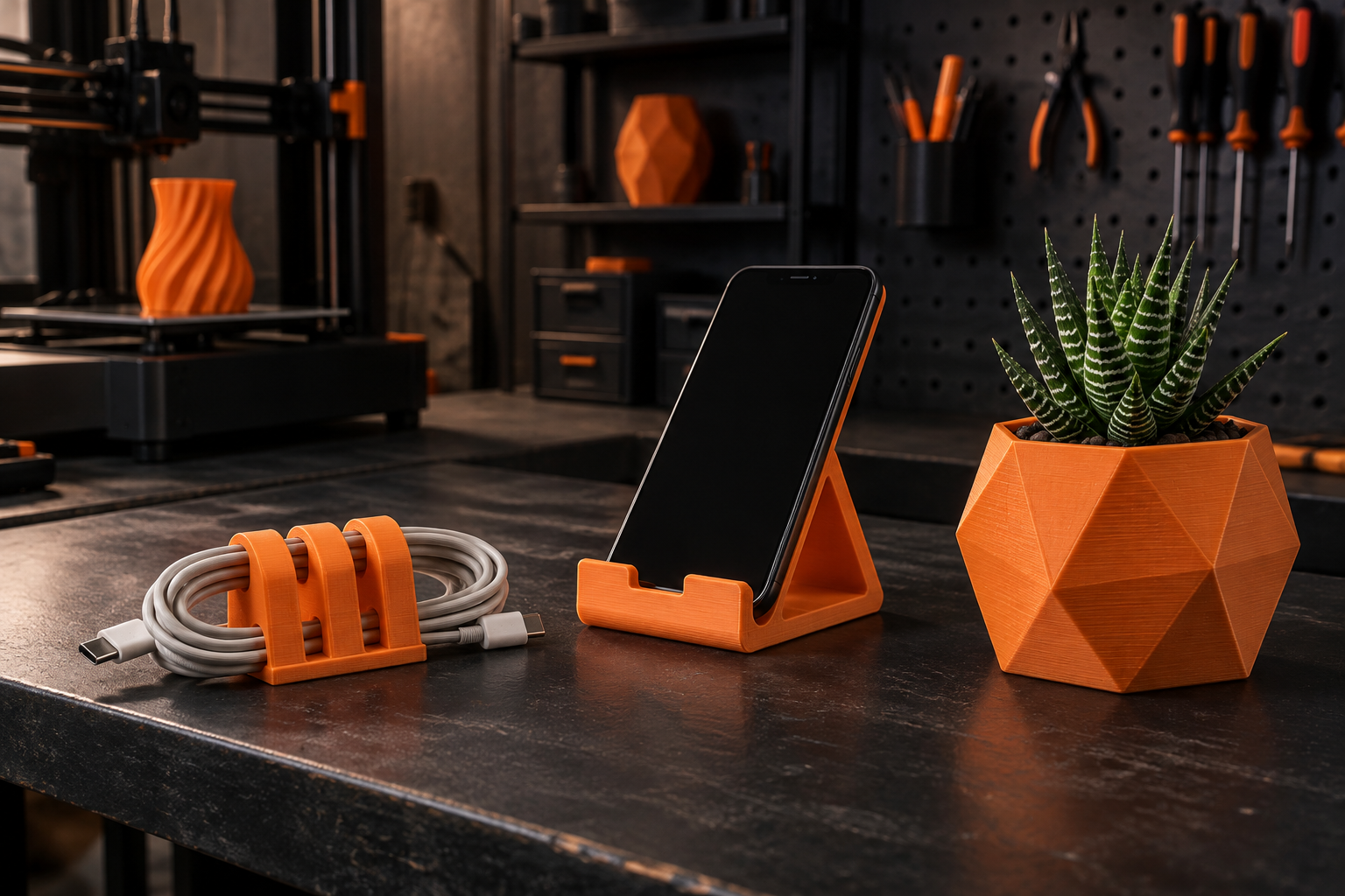 Organizador de cabos, suporte de celular e vaso geométrico impressos em 3D sobre uma bancada
