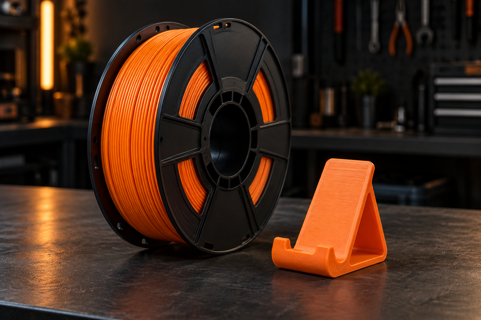 Suporte de celular impresso em 3D e carretel de filamento laranja